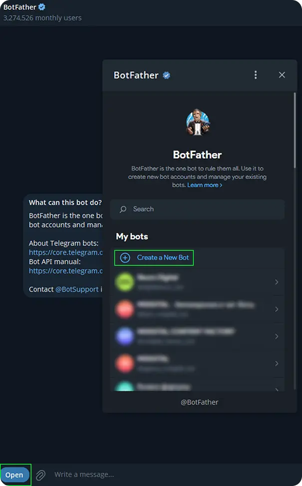 Создание нового бота через команду Create a New Bot в BotFather