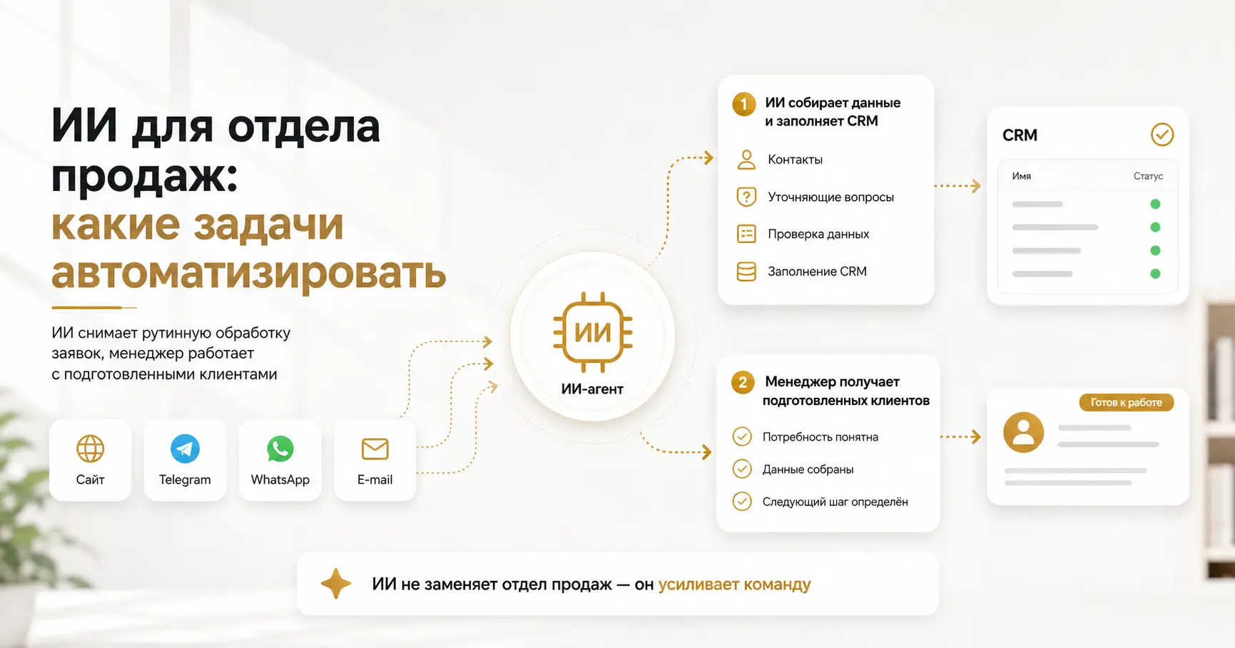 ИИ обрабатывает заявки, заполняет CRM и передаёт подготовленных клиентов менеджеру