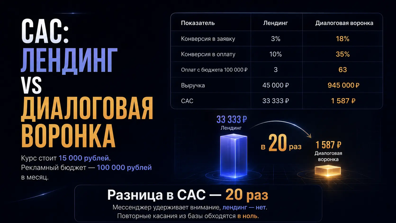 График сравнения CAC лендинга и мессенджерной воронки