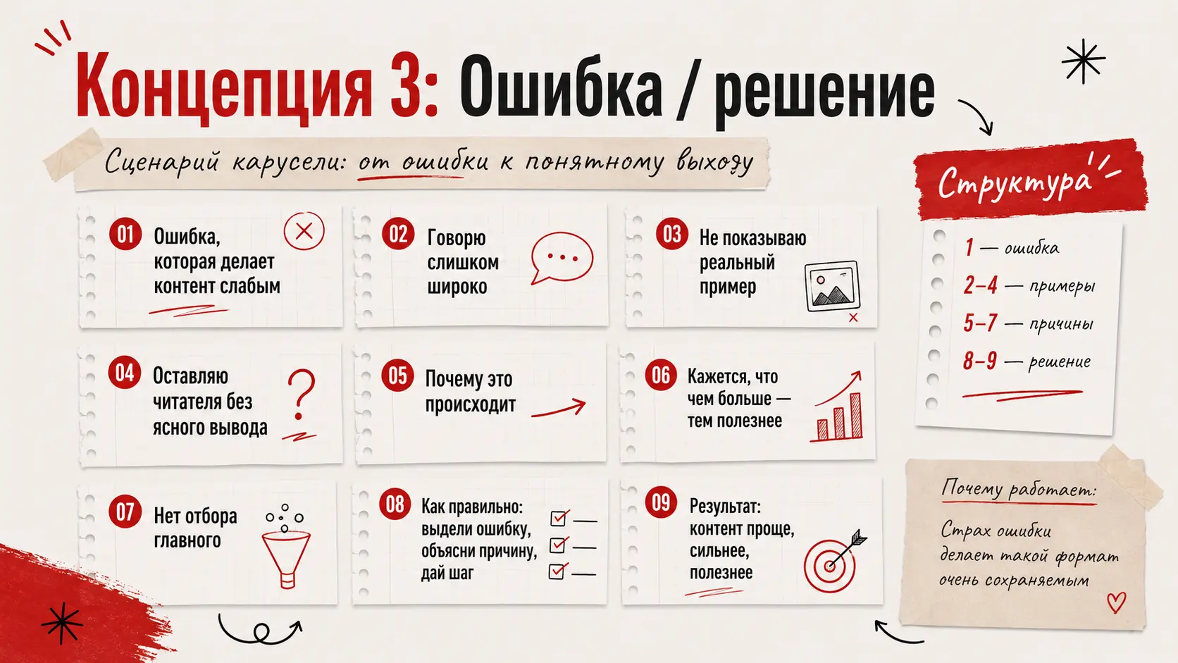Карусель Instagram в формате ошибка/решение — пример первого слайда с конкретной ошибкой аудитории
