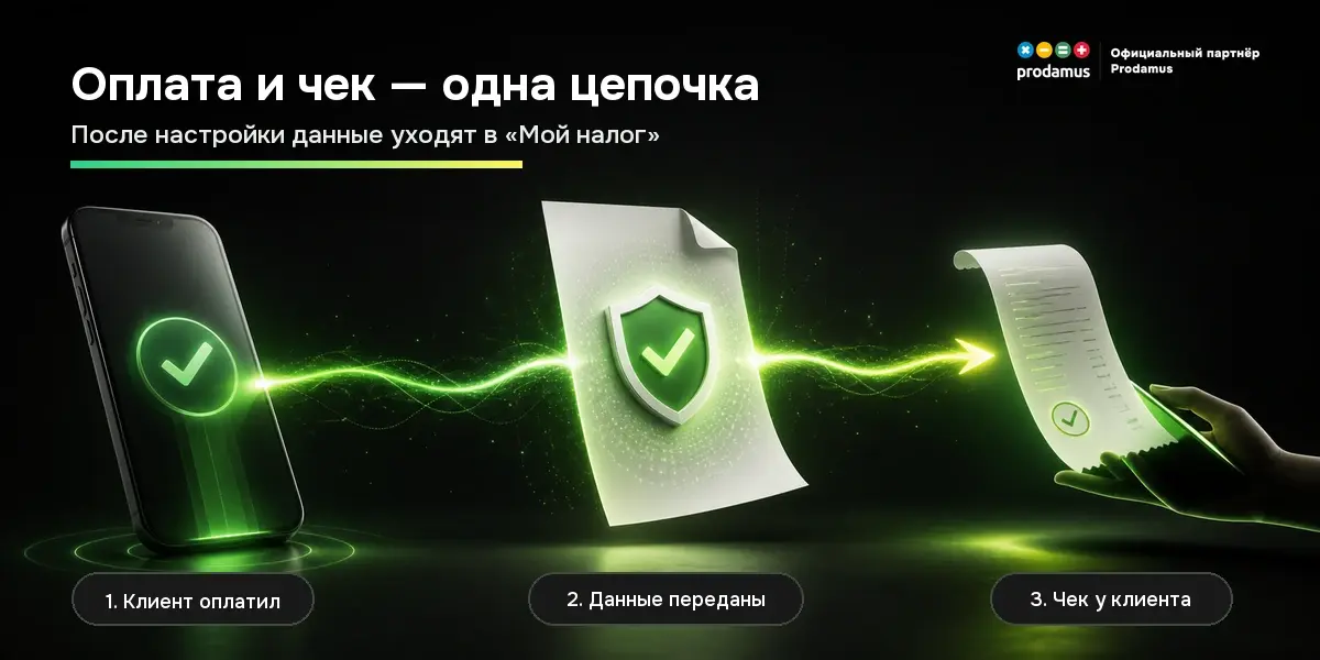 После настройки платёжный сервис передаёт данные о продаже, а клиент получает чек.