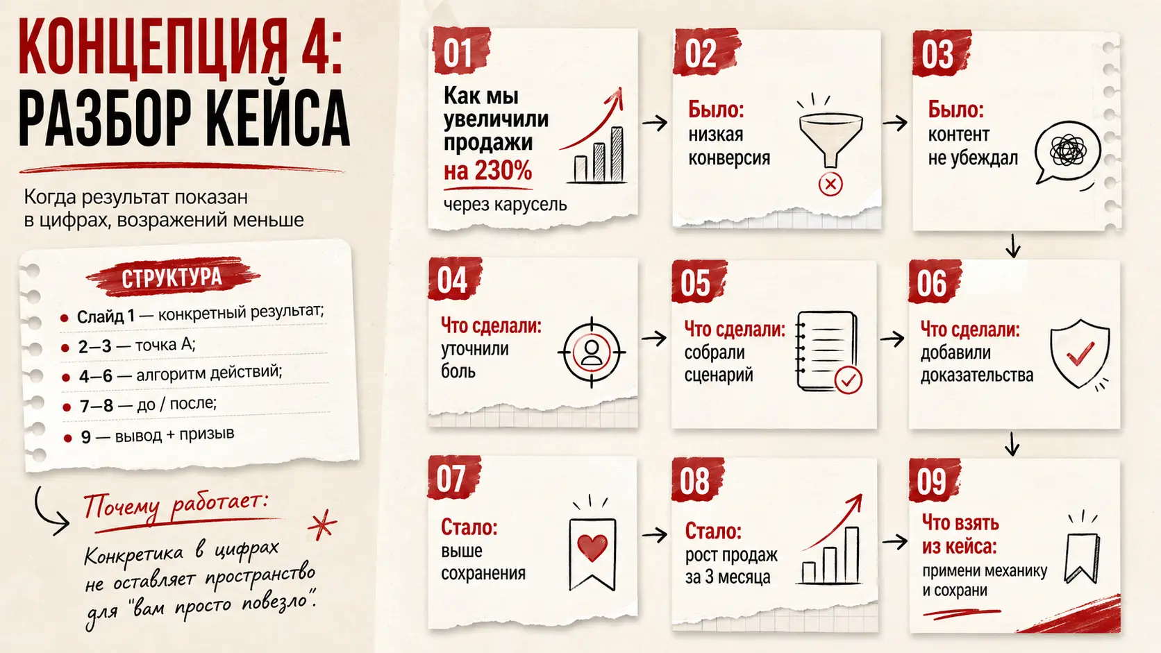 Пример карусели-кейса для Instagram с конкретным результатом на обложке — рост продаж на 230%
