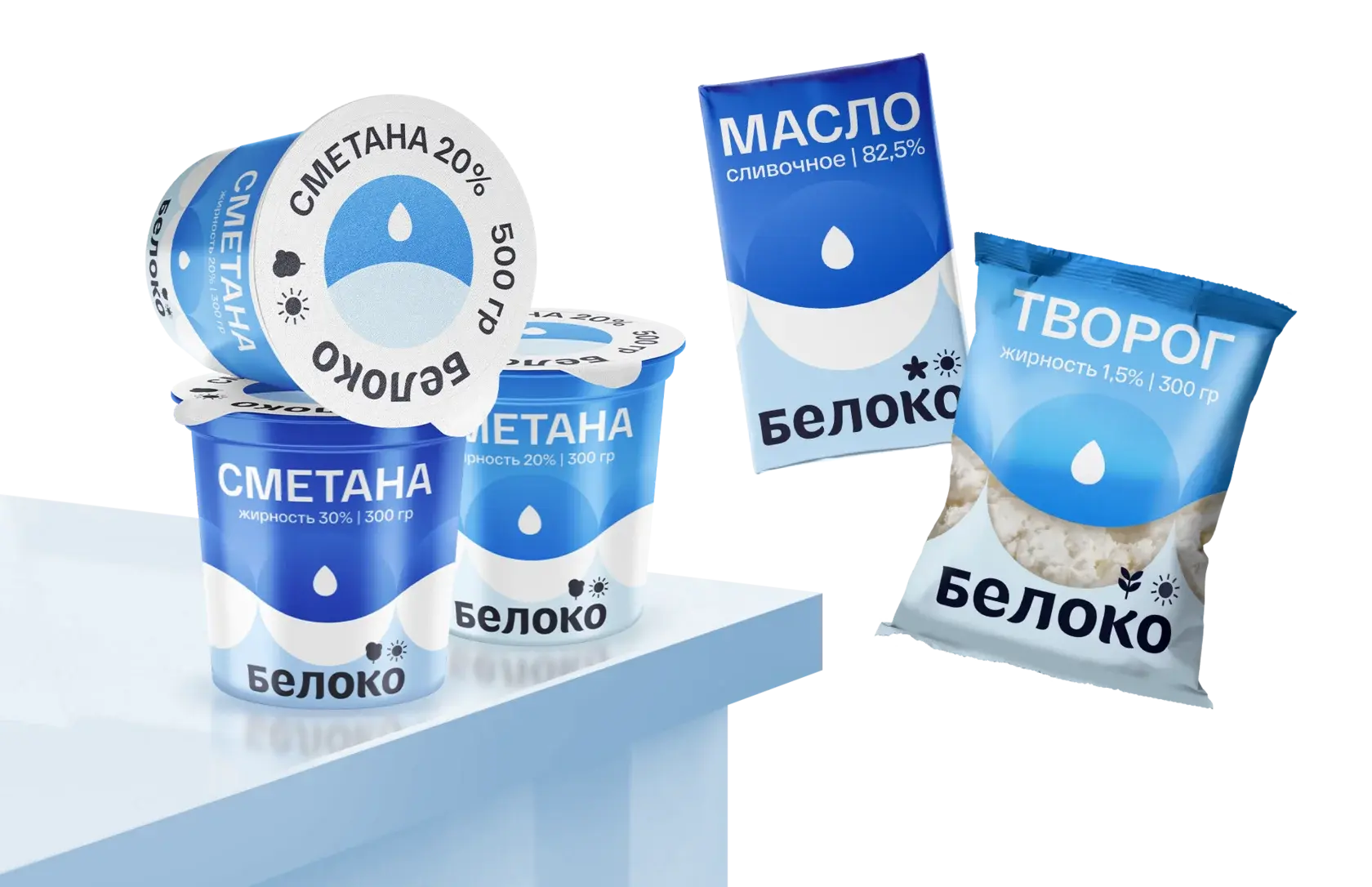 Линейка молочной продукции "Белоко" в упаковках с общим названием и фирменным оформлением