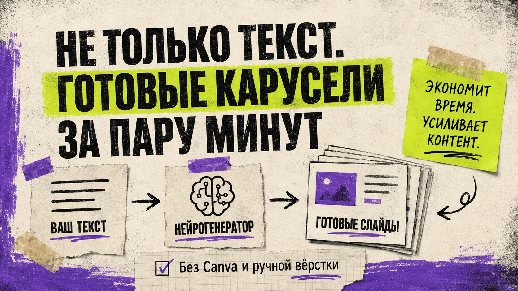 Нейрогенератор каруселей — на основе текста он сразу собирает готовые оформленные слайды.