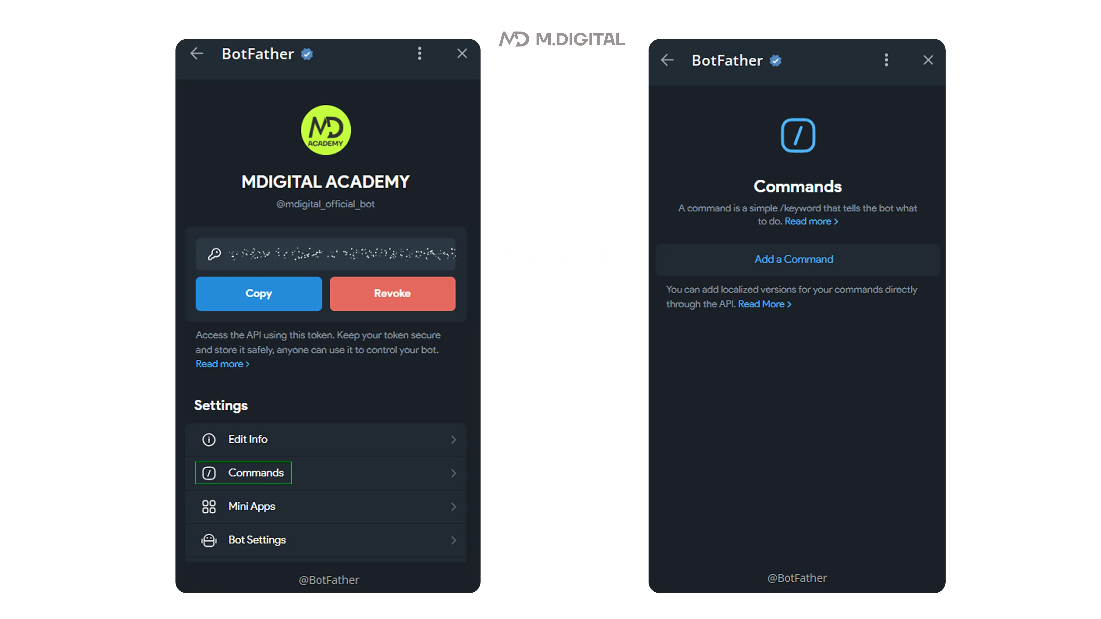 Настройка команд меню в BotFather — раздел Commands