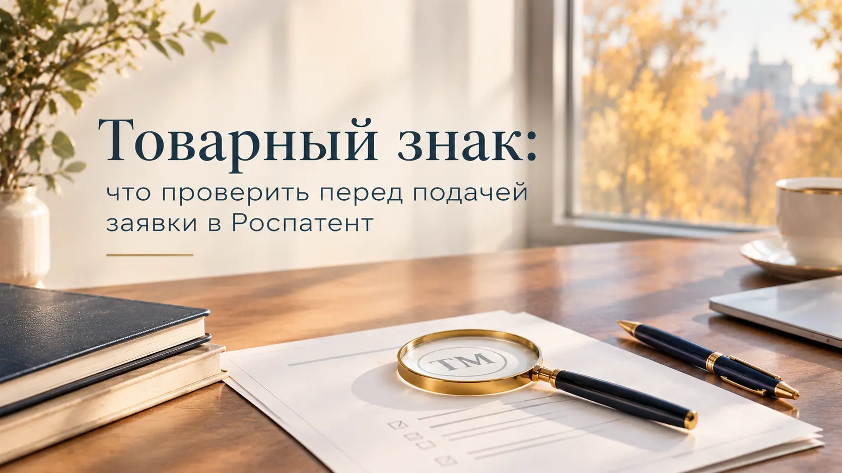 Описание изображения для поисковиков Товарный знак: проверка обозначения перед подачей заявки в Роспатент — документы, лупа и рабочий стол в осенней атмосфере.