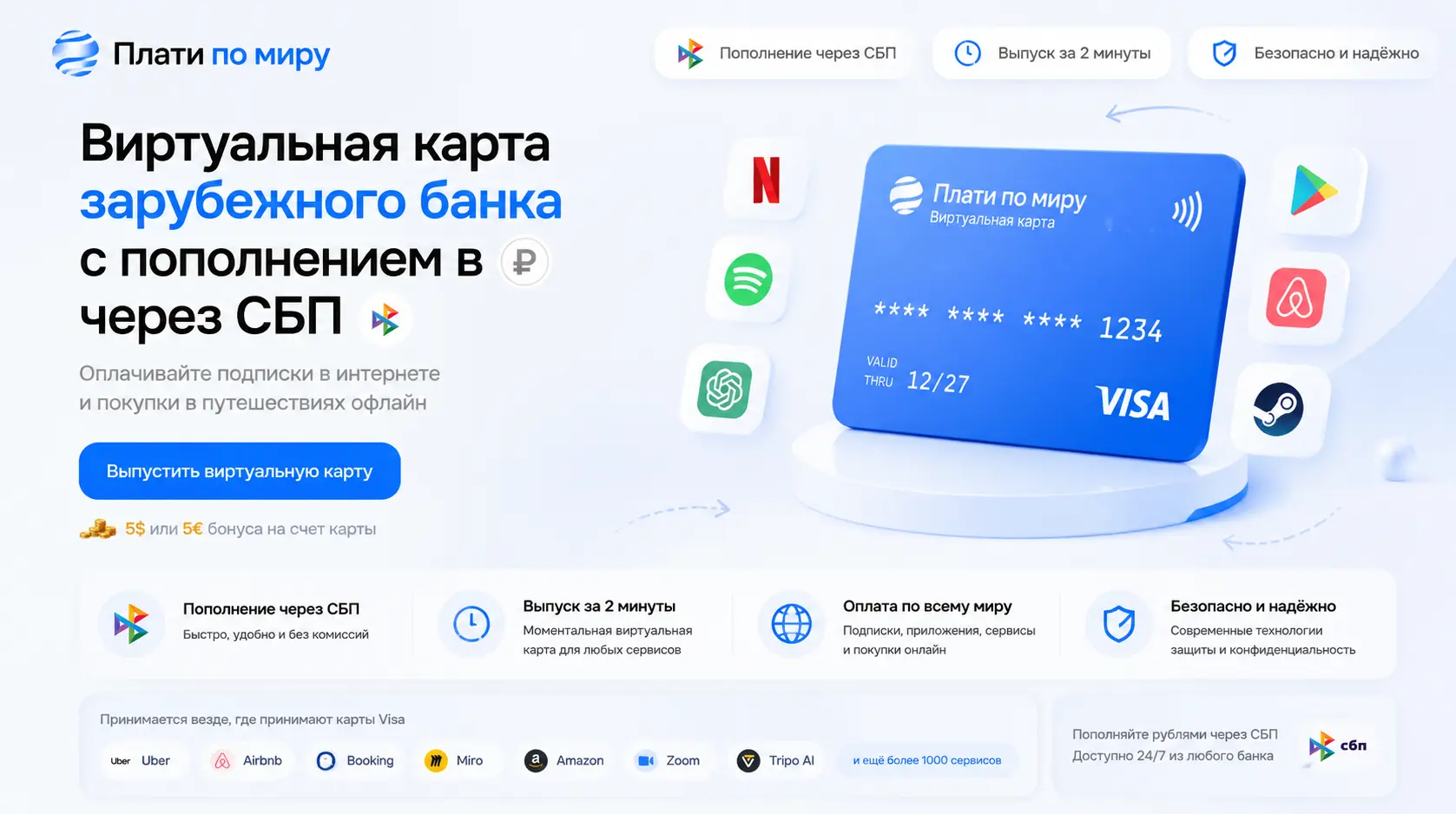 Плати по миру — виртуальная карта с пополнением через СБП за 2 минуты